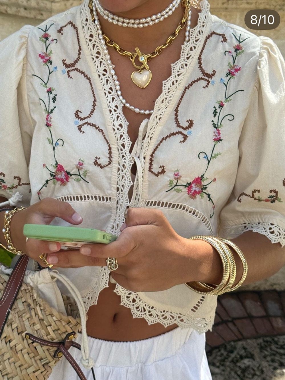 Embroidered Crochet-Trim Peasant Blouse - Cream